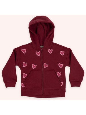 Panço Kız Çocuk Kalp Detaylı Kapüşonlu Bordo Sweatshirt