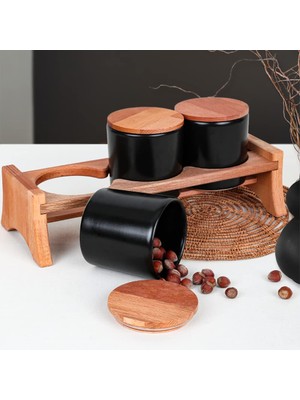 Hepta Collection Keramika Mat Siyah Ege Standlı Saklama Kabı 10 cm 3 Parça