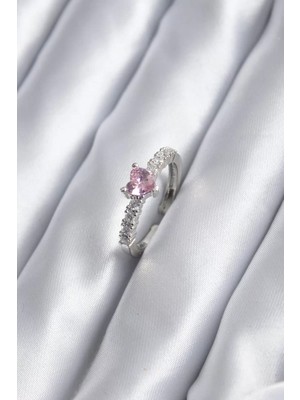 Renas Store Gümüş Renk Zirkon Taşlı Pembe Kristal Kalp Model Kadın Yüzük - TJ-BYK2851