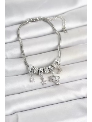 Renas Store Pirinç Gümüş Renk Charmlı Kadın Bileklik