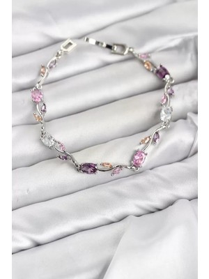 Renas Store Pirinç Gümüş Renk Pembe ve Mor Zirkon Taşlı Çiçek Model Kadın Bileklik TJ-BB8586