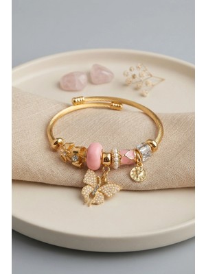 Ematcrt Mey Ithalat® Pembe Kelebek Model Gold Renk Charmlı Bileklik