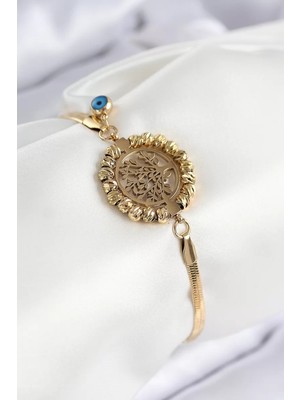 Renas Store 316L Çelik Nazar Boncuk Detaylı Hayat Ağacı Model Italyan Zincir Gold Renk Kadın Bileklik - TJ-BB7827