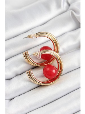 Renas Store Pirinç Gold Renk Halka Model Kırmızı Boncuk Detay Kadın Küpe