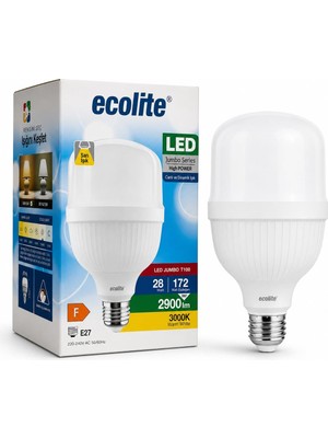 Nacario Ecolite Jumbo LED Ampul 28W (172W Eşdeğer) - E27 Duy, 3000K Sarı Işık, 2900 Lümen, Enerji Tasarruflu LED Lamba, 149X100MM, Ac 220V, Dimmer Uyumlu Değil