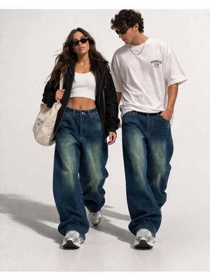 St.Poll Eskitme Vintage Yeşil Yıkama Unisex Baggy Jeans Pantolon