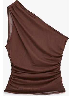 Koton Slim Fit Drapeli Tül Tek Omuz Bluz