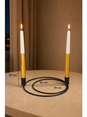 Edora Home Siyah 2'li Dekoratif Metal Halka Şamdan, 2 Adet Gold-Beyaz Mum Ince Uzun - Dekoratif Mumluk