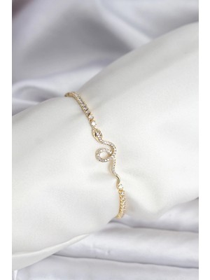 Renas Store Yılan Model Zirkon Taşlı Gold Renk Pirinç Su Yolu Kadın Bileklik