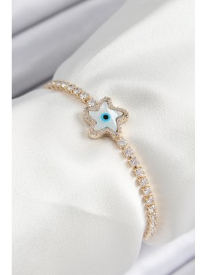 Renas Store Pirinç Zirkon Taşlı Nazar Yıldız Model Gold Renk Asansörlü Kadın Bileklik