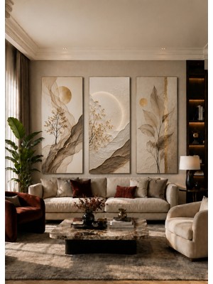 Zera Wall Mdf Tablo 3’lü Bej ve Gold Botanik Ağaç Desenli Soyut Set – Modern Salon ve Ofis Duvar Dekorasyonu