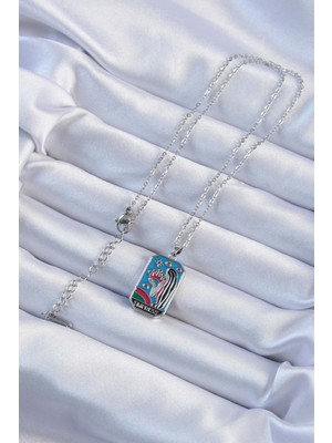 TeknoKapsül 316L Çelik Zincir Gümüş Renk Taç ve Kız Figürlü Renkli Mineli Tarot Kolye