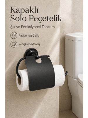 Flextail Kapaklı Tuvalet Kağıtlığı Havluluk Yapışkanlı Siyah Rulo Kağıt Peçetelik Delmesiz Paslanmaz Çelik