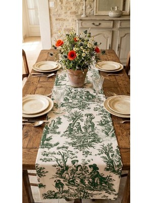 Duck Kumaş Fransız Köylü Desenli Runner - Yeşil Beyaz Toile De Jouy Masa Örtüsü 150X37 cm