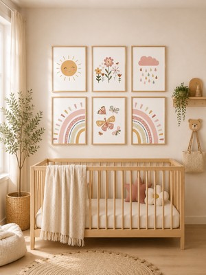 Zera Wall Mdf Tablo 6’lı Güneş, Çiçek, Yağmur Bulutu, Kelebek ve Gökkuşağı Temalı Set – Bebek ve Çocuk Odası Duvar Dekorasyonu