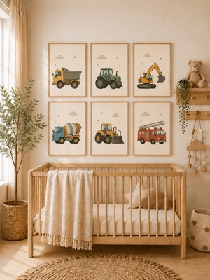 Zera Wall Mdf Tablo 6’lı Kamyon, Traktör, Kepçe, Beton Mikseri, Iş Makinesi ve Itfaiye Aracı Temalı Set – Bebek ve Çocuk Odası Duvar Dekorasyonu