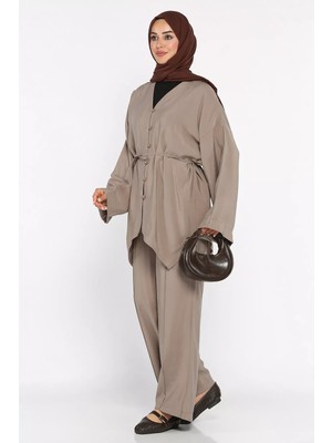 Julude Bel Lastikli Çimalı Pantolon Bağlama Detaylı Tunik Tesettür Ikili Takım P-00022704