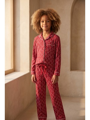 Katia & Bony Kız Çocuk Dear Santa Kalpli Pijama Takımı Kırmızı