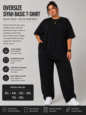 Afri Battal Beden Oversize Siyah Basic T-Shirt – Rahat Kalıp %100 Pamuk Kadın Tişört