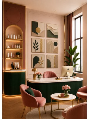 Zera Wall Mdf Tablo 6’lı Yeşil, Bej ve Gold Soyut Botanik Set – Güzellik Salonu, Kuaför ve Ofis Duvar Dekorasyonu