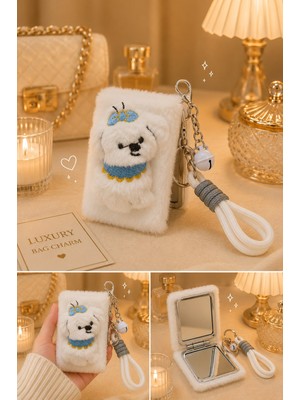 Biton Toptan Sevimli Köpek Figürlü Peluş Cep Aynası Anahtarlık – Kawaii Bag Charm Çanta Süsü Beyaz - Pembe