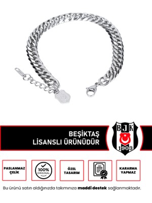 Beşiktaş Çelik Bileklik Unisex Günlük Kullanım İçin Ayarlanabilir Gri Paslanmaz Çelik