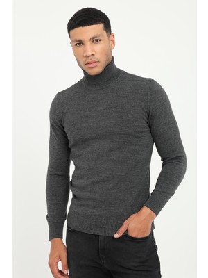 Dufy Erkek Slim Fit Tam Balıkçı Yaka Antrasit Triko