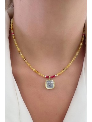 Ose Shop Damla Kehribar ve Mercan Tas Detaylı 925AYAR Gümüş Tasarım Lotus Çiçeği Figürlü Kolye