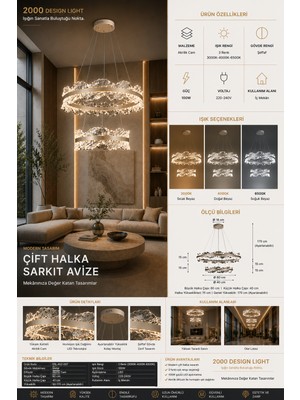 60+40 cm Çift Halka LED Avize | 100W | 3 Renk Aydınlatma