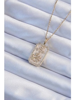 Renas Store 316L Çelik Zincir Altın Renk Zirkon Taşlı Çerçeveli Tarot Kolye - TJ-BKO9243