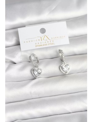 Renas Store Pirinç Gümüş Renk Zirkon Taşlı Kalp Model Kadın Küpe - TJ-BKP11396