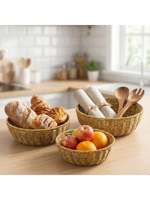 Renas Store 3’lü Plastik Rattan Çanak Seti – Hasır Görünümlü Iç Içe Geçebilen Sunum ve Düzenleme Kaseleri, Mutfak &amp;amp; Masaüstü Çok Amaçlı Organizer (5047)