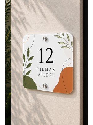 JHAAR Kişiye Özel Pleksi Kapı Isimliği – Modern & Lüks Uv Baskılı Dekoratif Kapı Numarası - Iskandinav Yaprak Desenli 30X30 cm