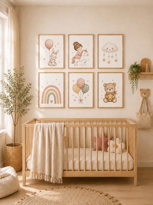 Zera Wall Mdf Tablo 6’lı Balonlu Tavşan, Unicornlu Kız, Bulut, Gökkuşağı ve Ayıcık Temalı Set – Bebek ve Çocuk Odası Duvar Dekorasyonu