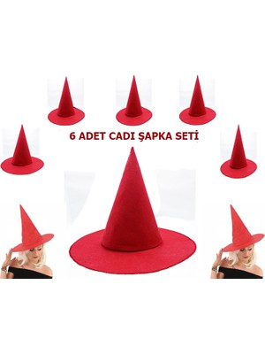 Renas Store Kırmızı Renk Keçe Cadı Şapkası Yetişkin Çocuk Uyumlu 6 Adet