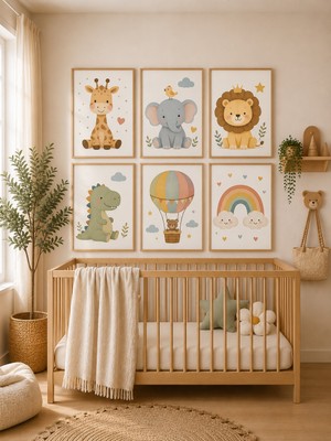 Zera Wall Mdf Tablo 6’lı Zürafa, Fil, Taçlı Aslan, Dinozor, Balonlu Ayıcık ve Gökkuşağı Temalı Set – Bebek ve Çocuk Odası Duvar Dekorasyonu