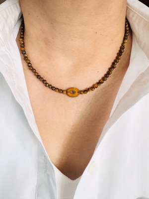 Devi Fashion Kaplan Gözü 4 mm Doğal Taş Tasarım Kolye 45 cm