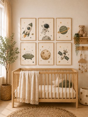 Zera Wall Mdf Tablo 6’lı Roket, Astronot, Gezegen, Ufo, Ay ve Uydu Temalı Set – Bebek ve Çocuk Odası Duvar Dekorasyonu