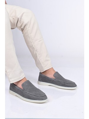 Bestello Erkek Loafer Ayakkabı Hakiki Deri Kauçuk Taban Bağcıksız Gri Süet 028-2000