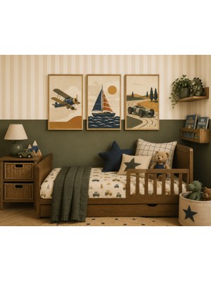 Zera Wall Mdf Tablo 3’lü Uçak, Yelkenli ve Klasik Yarış Arabası Temalı Set – Bebek ve Çocuk Odası Duvar Dekorasyonu