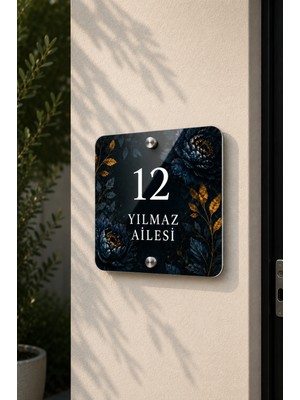 JHAAR Kişiye Özel Pleksi Kapı Isimliği – Modern & Lüks Uv Baskılı Dekoratif Kapı Numarası - Gece Çiçeği