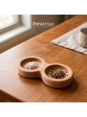 Pera Wooden Twin 2 Gözlü Kayın Ahşap Baharatlık Tuzluk Altlığı Sunumluk