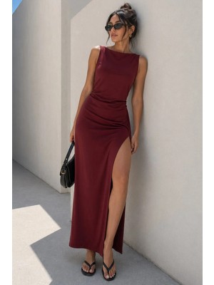 Madmext Bordo Maxi Boy Yırtmaç Detaylı  Kadın Elbise MG2367
