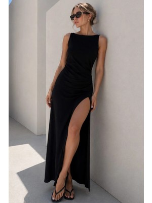 Madmext Siyah Maxi Boy Yırtmaç Detaylı  Kadın Elbise MG2367