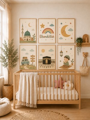 Zera Wall Mdf Tablo 6’lı Cami, Elhamdülillah, Kâbe ve Namaz Kılan Çocuk Temalı Islami Set – Bebek ve Çocuk Odası Duvar Dekorasyonu