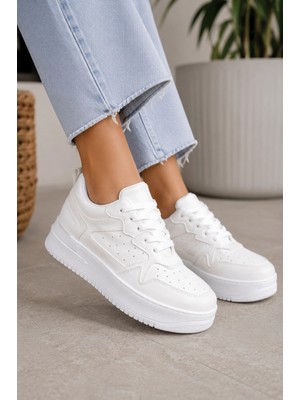 Mevese Avela Kalın Taban Bağcıklı Günlük Kadın Sneaker Beyaz Detaylı