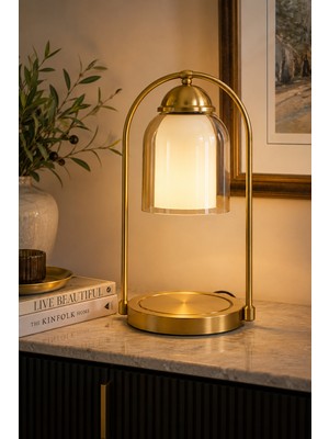 Denaro Home Modern Cam Abajur | Gold Metal Gövde Dekoratif Masa Lambası