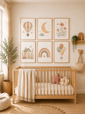 Zera Wall Mdf Tablo 6’lı Uçan Balon, Ay, Çiçekler, Sevimli Ev, Gökkuşağı ve Balon Buketi Temalı Set – Bebek ve Çocuk Odası Duvar Dekorasyonu