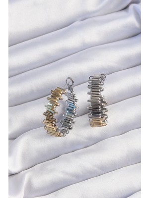 Renas Store Pirinç Gold Gümüş Renkli Tırtıklı Halka Küpe