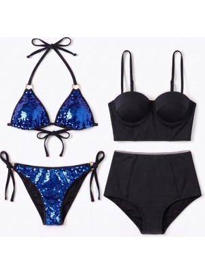 Zi Mavi Pul Payet & Siyah Yüksek Bel 2'li Bikini Takımı